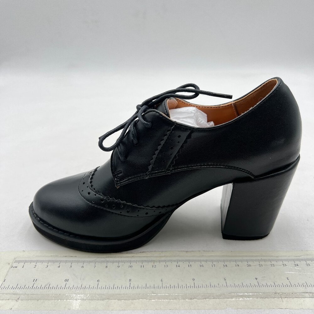 Black Round Platform Oxford Pumps Chunky Heel Penny Loafers Contrast Shoes